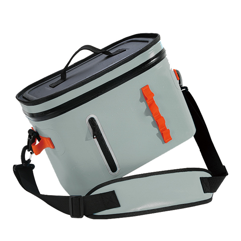 Grey 5L TPU waterproof soft cooler with orange loops and shoulder strap