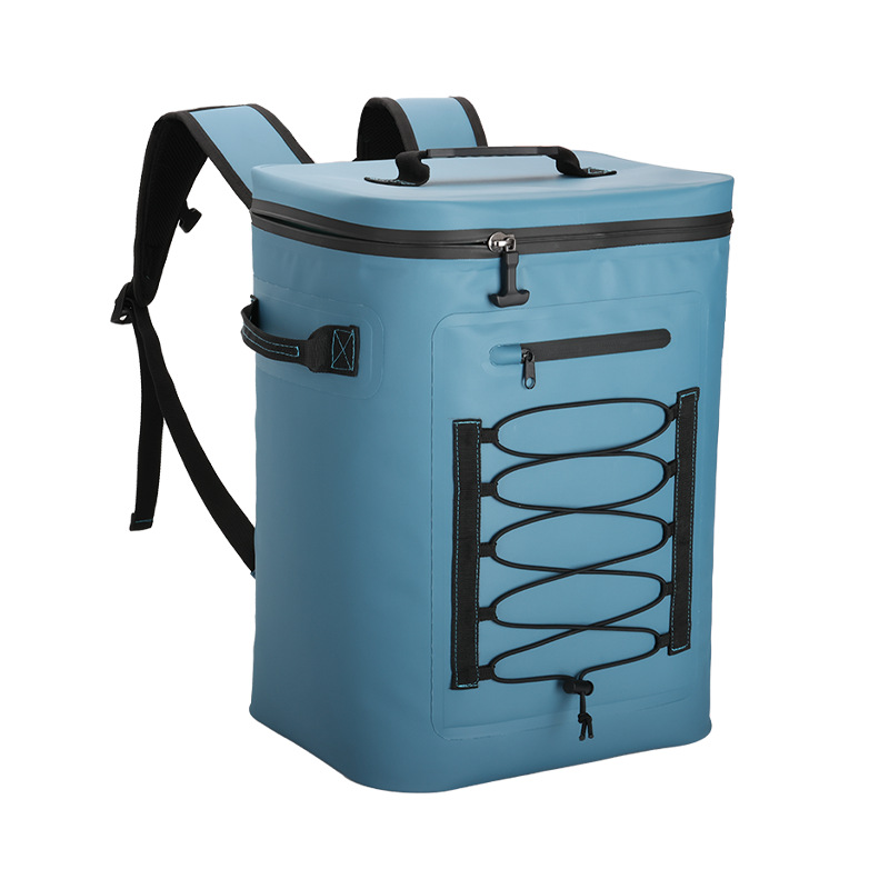 Blue insulated cooler backpack with front bungee storage