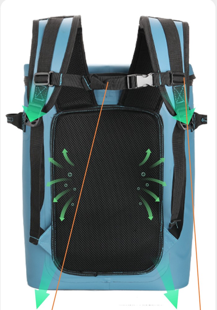 Rear shoulder strap and padded back panel detail on insulated backpack cooler