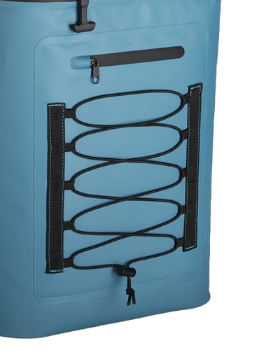 Close-up crop of front bungee and outer pocket on blue backpack cooler