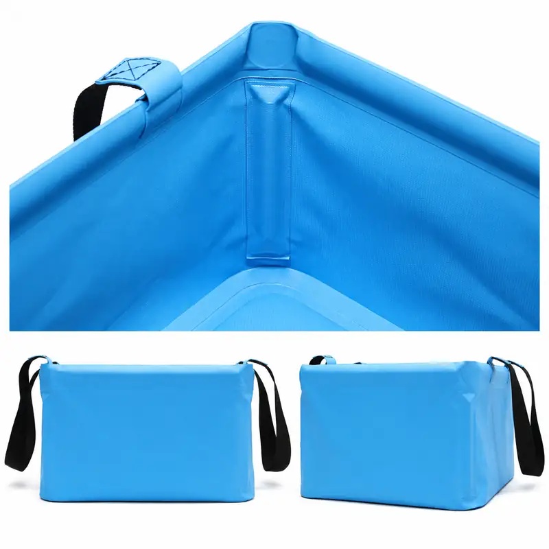 Square Folding Fishing Bucket — Open bucket and folded profile