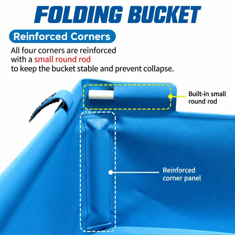 Square Folding Fishing Bucket — Corner and upper-edge detail