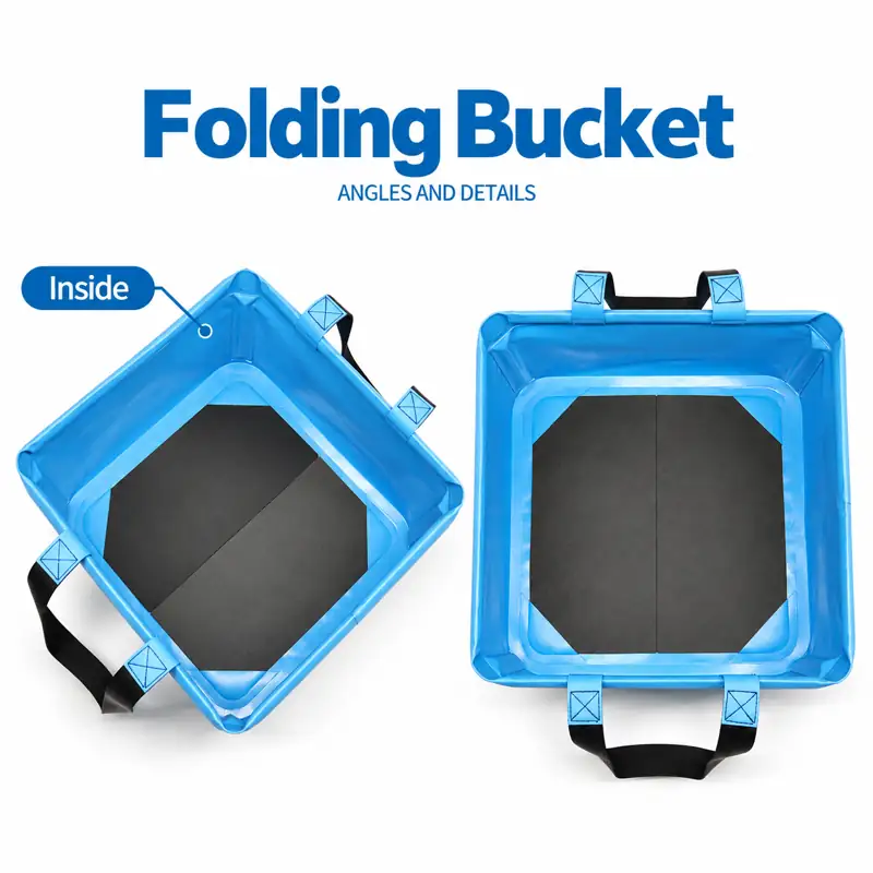 Square Folding Fishing Bucket — Interior and base views