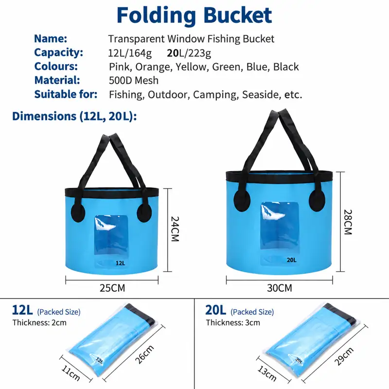 Clear-Window Collapsible Fishing Bucket — 12L and 20L size and packing references