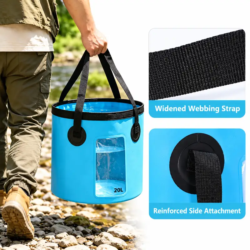 Clear-Window Collapsible Fishing Bucket — Carry-use reference