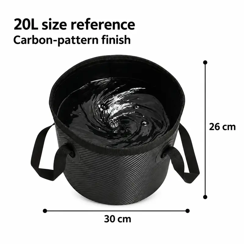 Carbon-Pattern Collapsible Fishing Bucket — Supplier size and capacity references