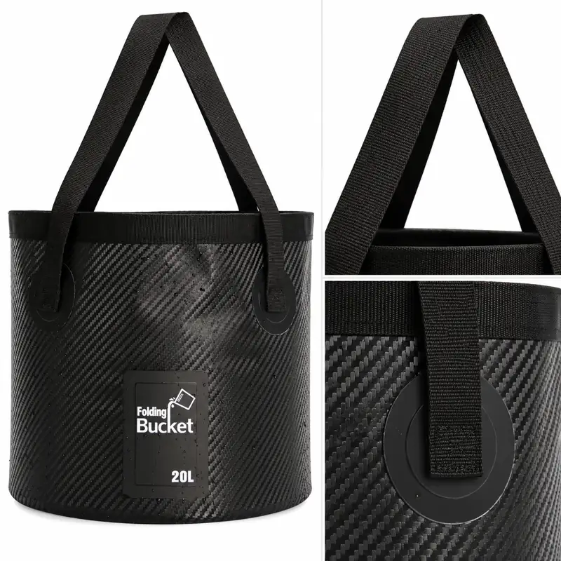 Carbon-Pattern Collapsible Fishing Bucket — Edited detail close-up — webbing handles