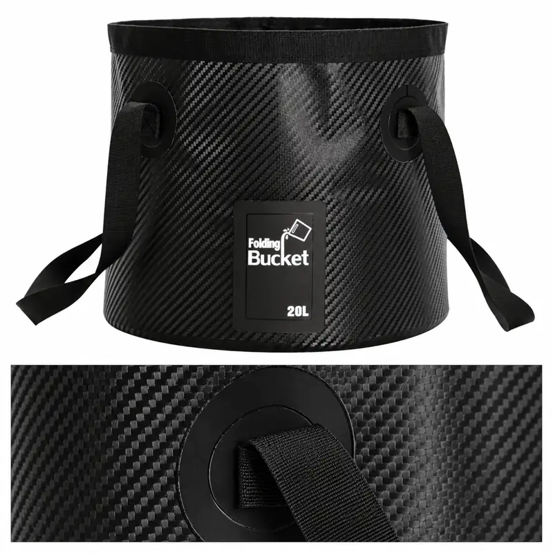 Carbon-Pattern Collapsible Fishing Bucket — Edited detail close-up — side handle attachment