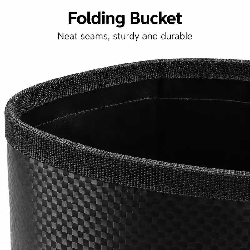 Carbon-Pattern Collapsible Fishing Bucket — Edited detail close-up — rolled rim junction