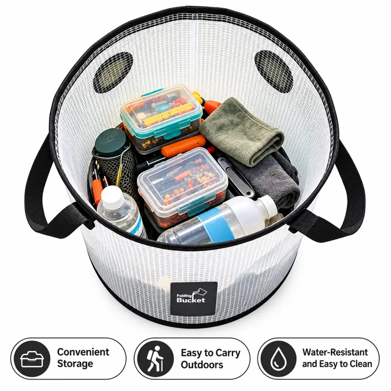 Clear Grid Collapsible Fishing Bucket — Outdoor equipment storage reference