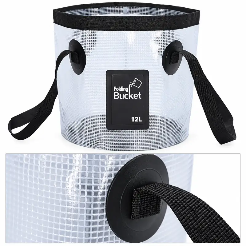 Clear Grid Collapsible Fishing Bucket — Edited detail close-up — handle mounting patch