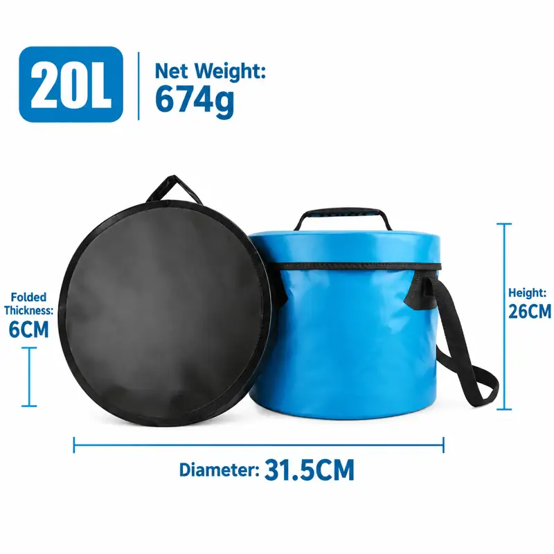 Zip-Lid Collapsible Fishing Bucket — 20L covered bucket dimensional reference