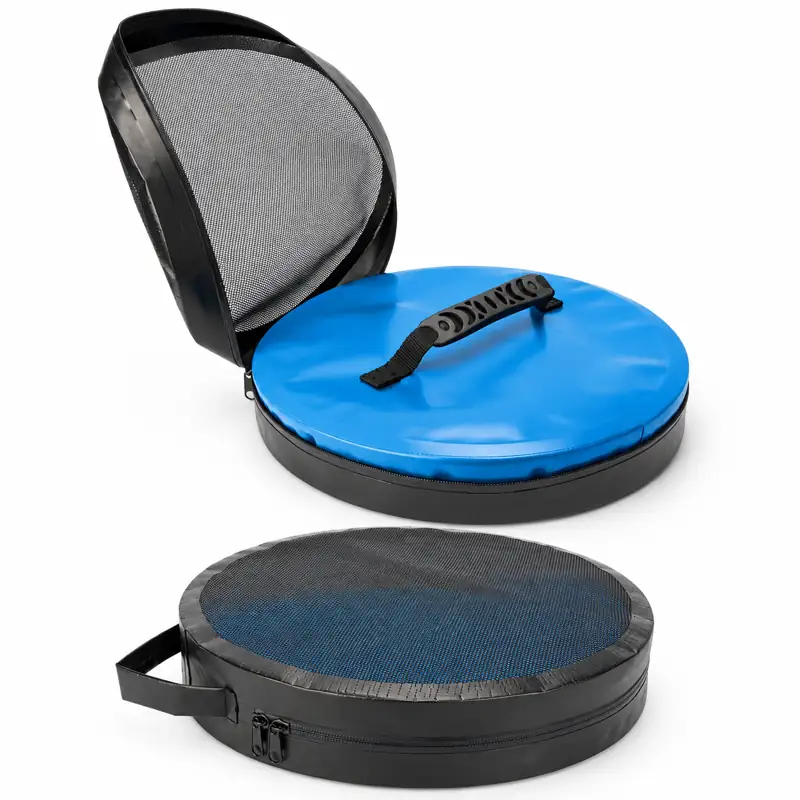 Zip-Lid Collapsible Fishing Bucket — Blue and black folded bucket references