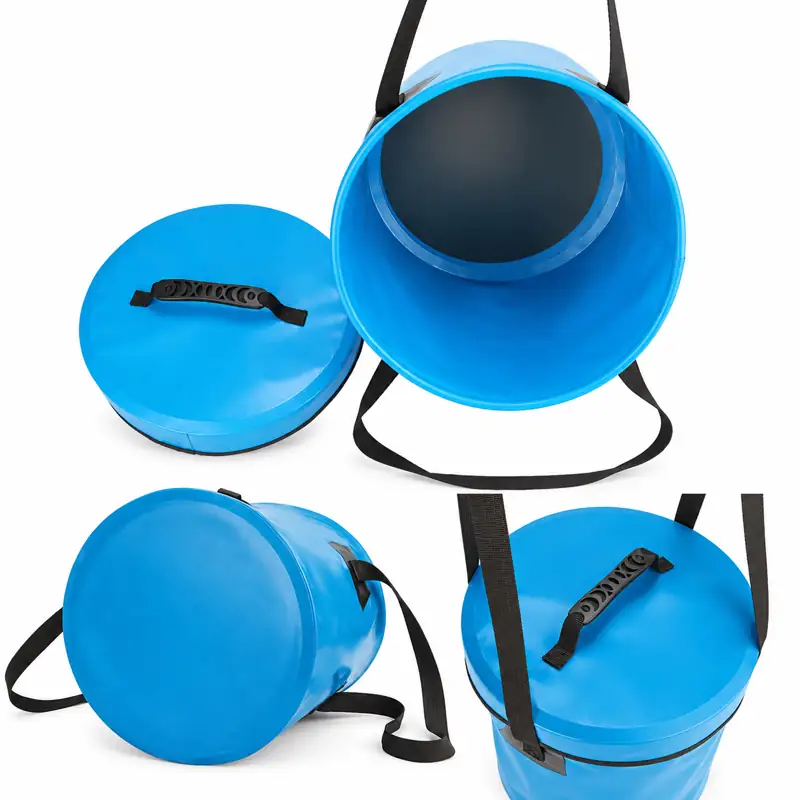 Zip-Lid Collapsible Fishing Bucket — Blue covered bucket angle references