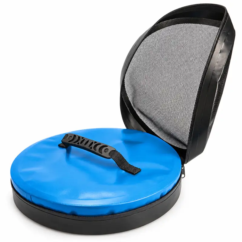 Zip-Lid Collapsible Fishing Bucket — Blue folded bucket with zip cover