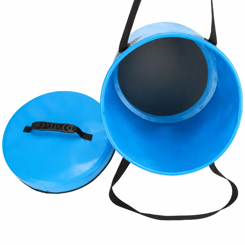Zip-Lid Collapsible Fishing Bucket — Blue bucket interior and open cover