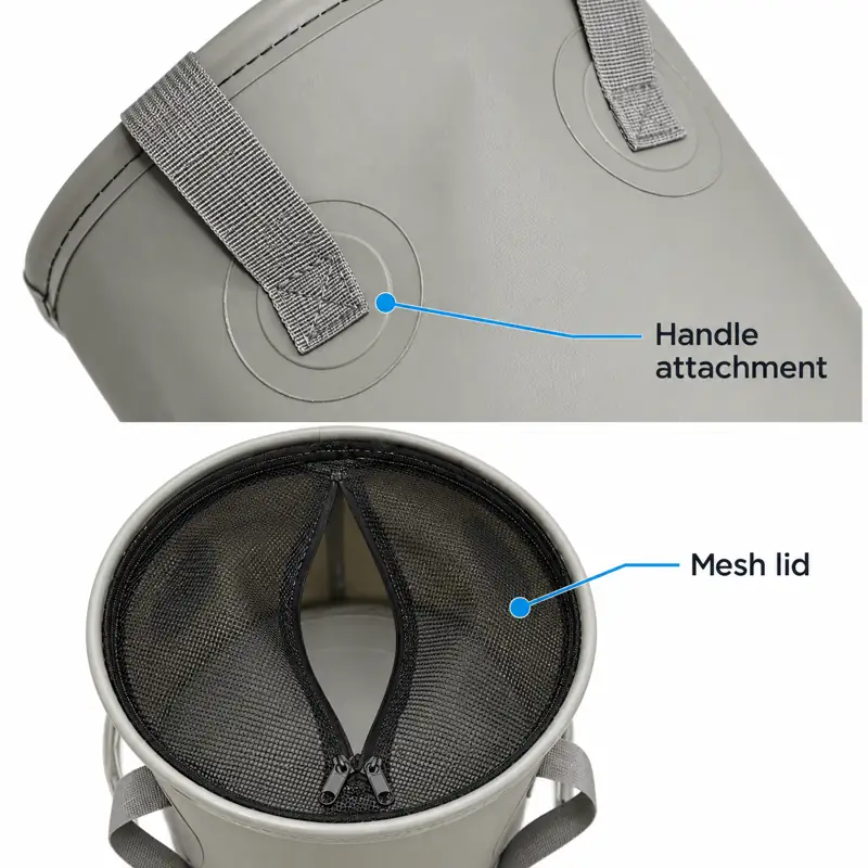 Mesh-Lid Collapsible Fishing Bucket — Mesh cover and attachment details