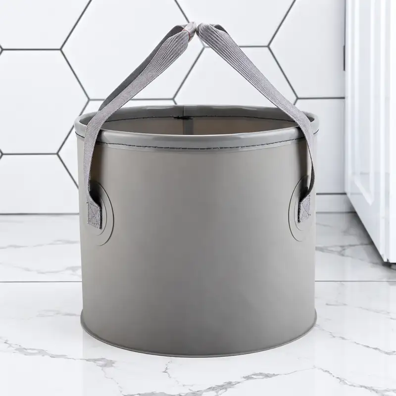 Mesh-Lid Collapsible Fishing Bucket — Grey bucket indoor presentation