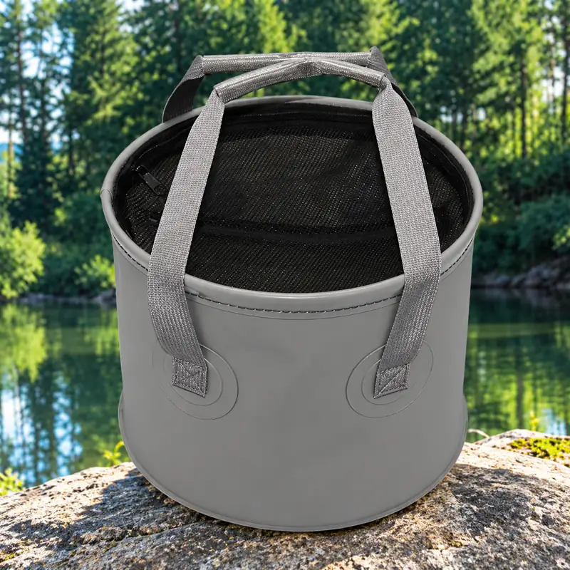 Mesh-Lid Collapsible Fishing Bucket — Mesh-lid bucket outdoor scene
