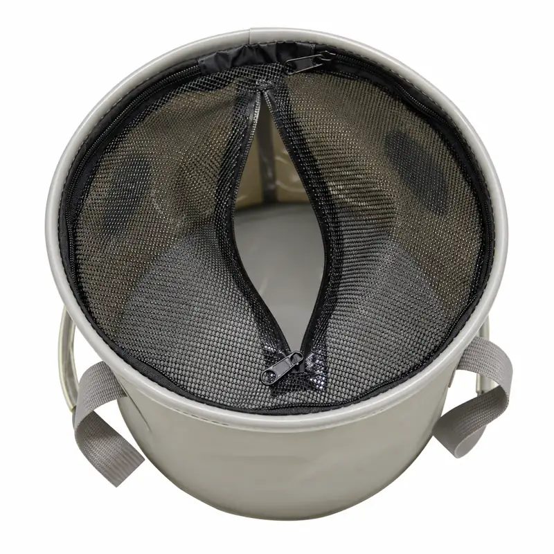 Mesh-Lid Collapsible Fishing Bucket — Top view of zip mesh cover
