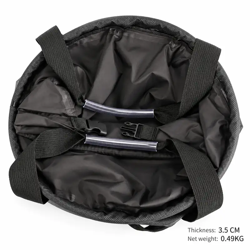 Drawstring Collapsible Fishing Bucket with Mesh Pocket — Folded bucket dimensional reference