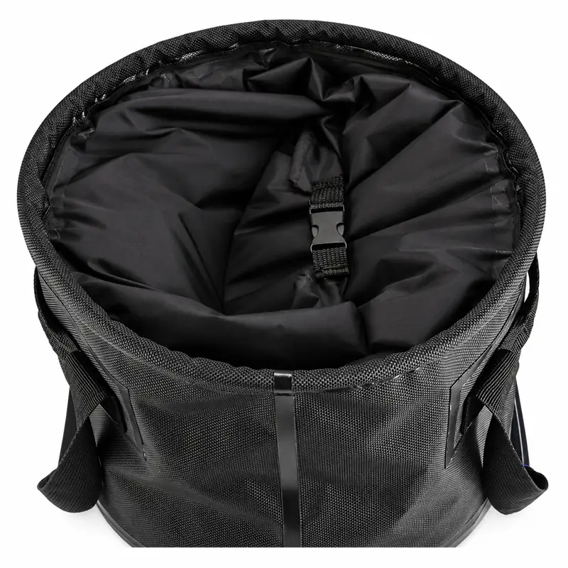 Drawstring Collapsible Fishing Bucket with Mesh Pocket — Open upper cover and mesh view