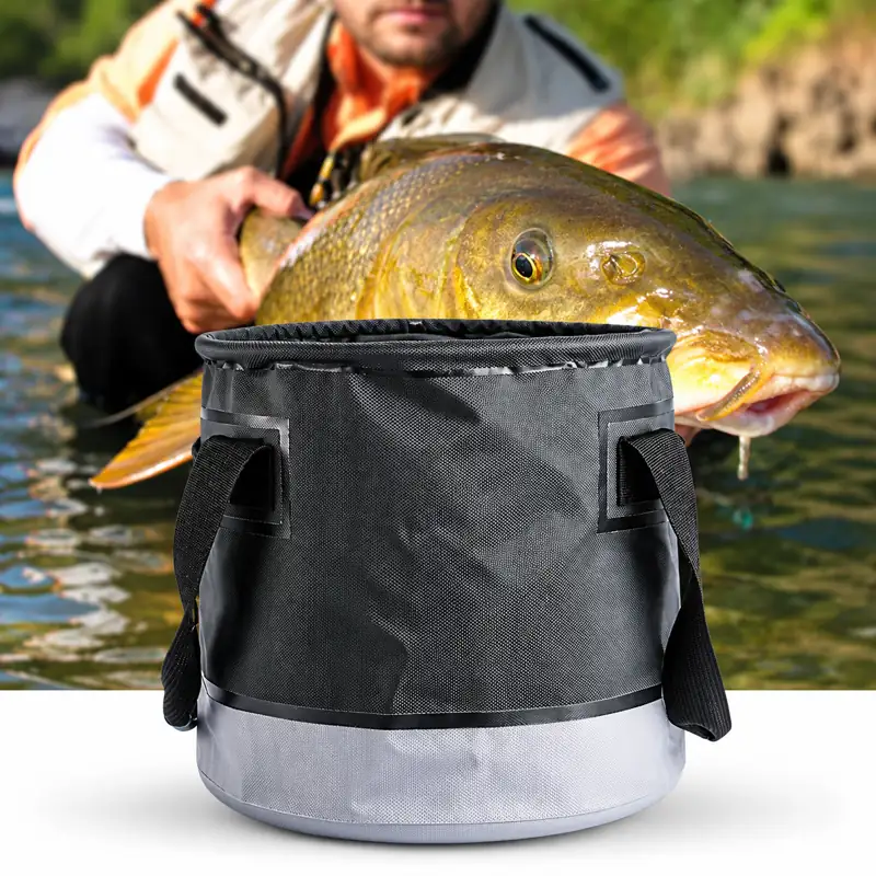 Drawstring Collapsible Fishing Bucket with Mesh Pocket — Bucket with stored fish — supplier scene reference