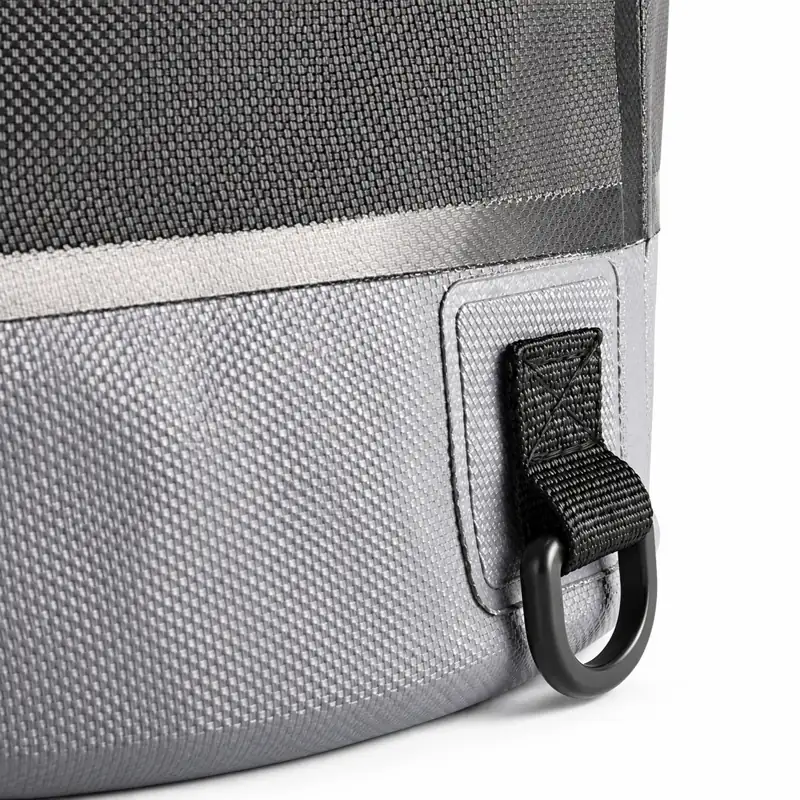 Drawstring Collapsible Fishing Bucket with Mesh Pocket — Side D-ring attachment detail