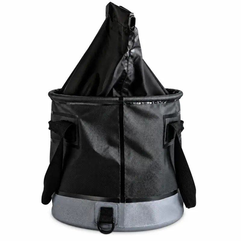 Drawstring Collapsible Fishing Bucket with Mesh Pocket — Pouring and body construction reference