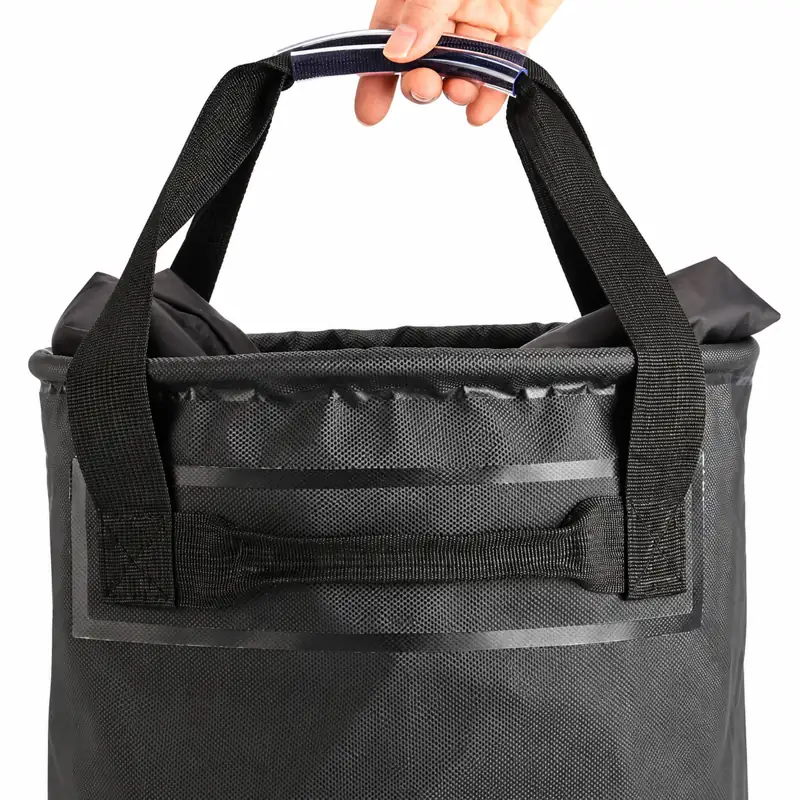 Drawstring Collapsible Fishing Bucket with Mesh Pocket — Carry handle detail