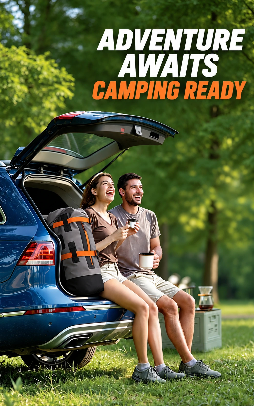 Camping and road trips: An outdoor travel scene showing the pack alongside a campsite setup.