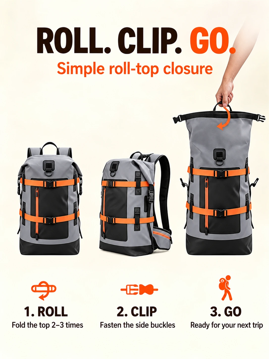 Roll-top closure guide: Roll the opening, fasten the side buckles and prepare the bag for carrying.