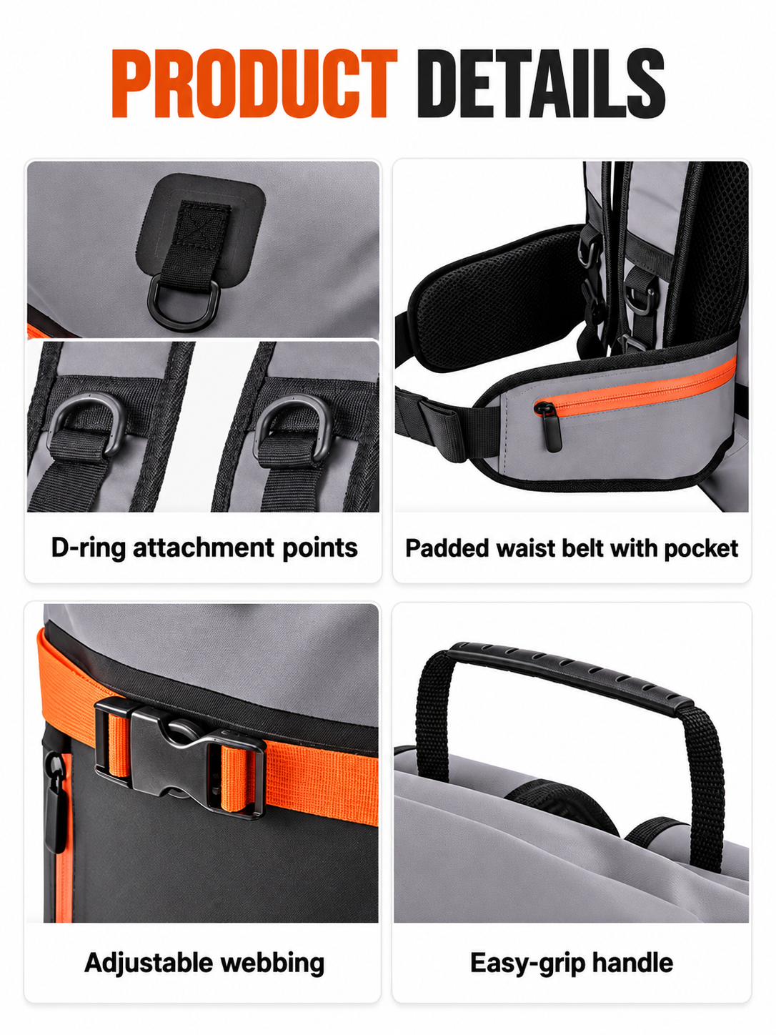Carry and attachment details: D-ring attachment points, waist pocket, adjustable webbing and easy-grip handle.