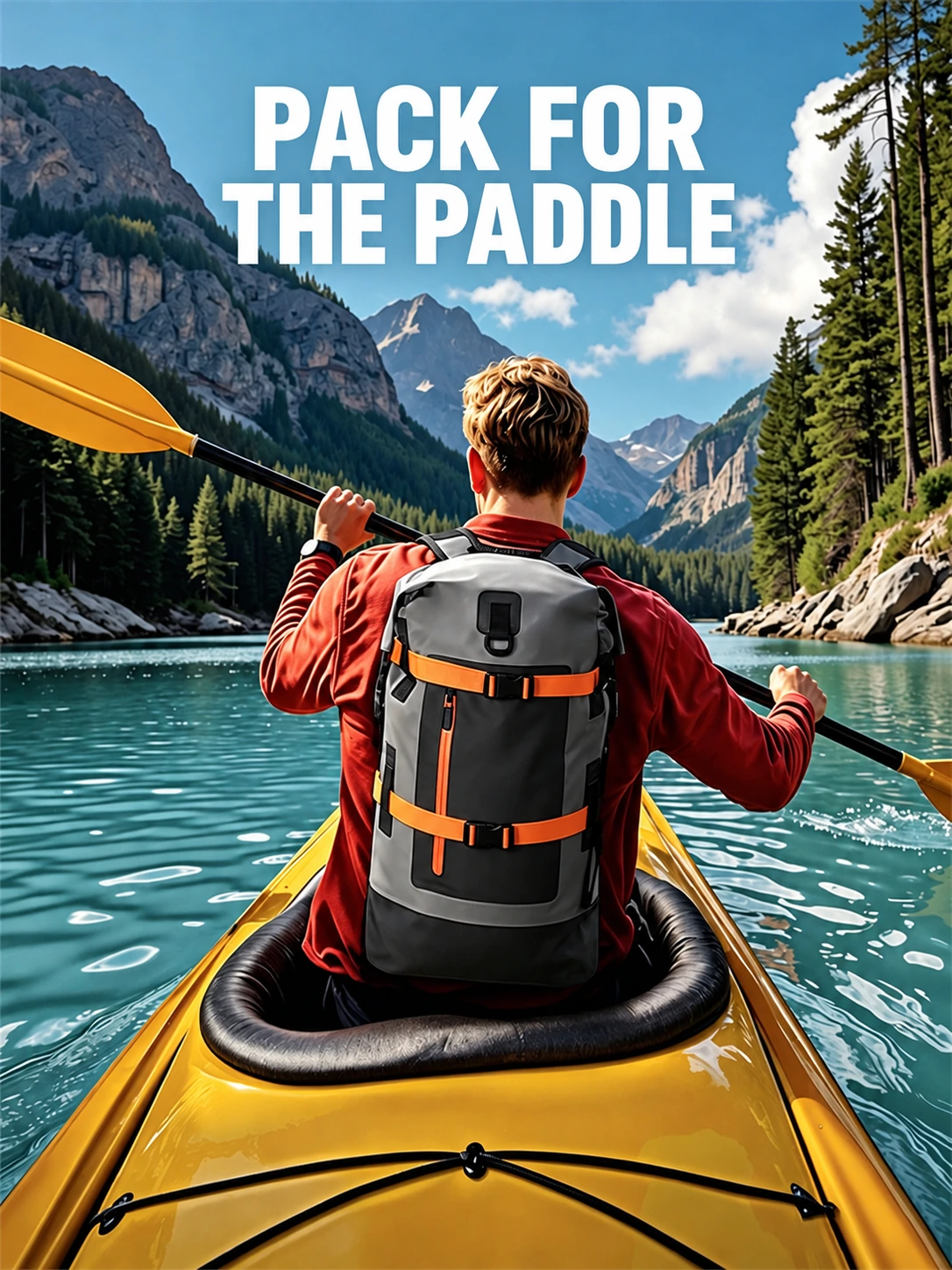 Paddling and outdoor travel: A kayaking scene illustrating the backpack carrying format.