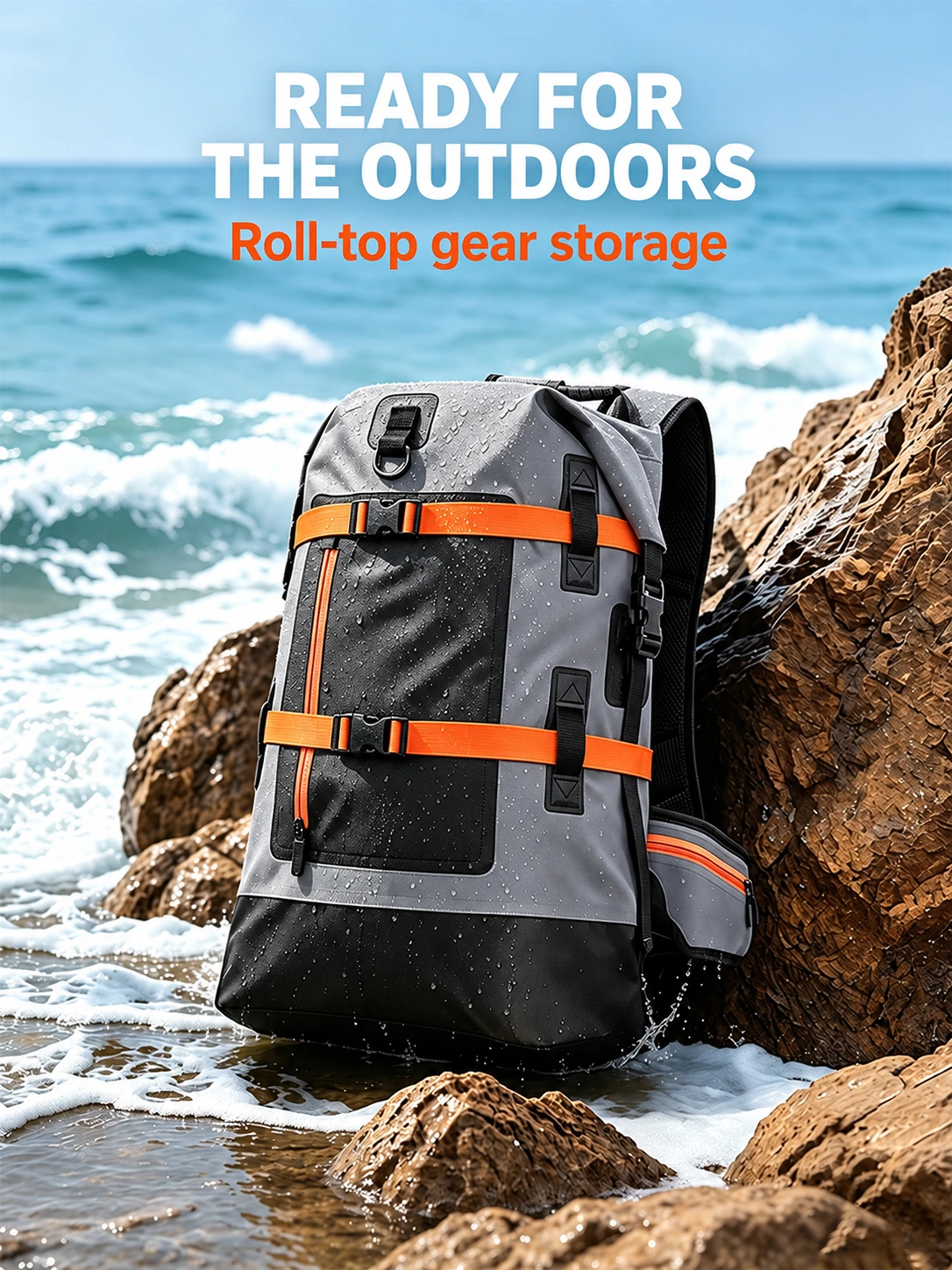 Waterside gear storage: A coastal use scene showing the roll-top bag and external webbing.