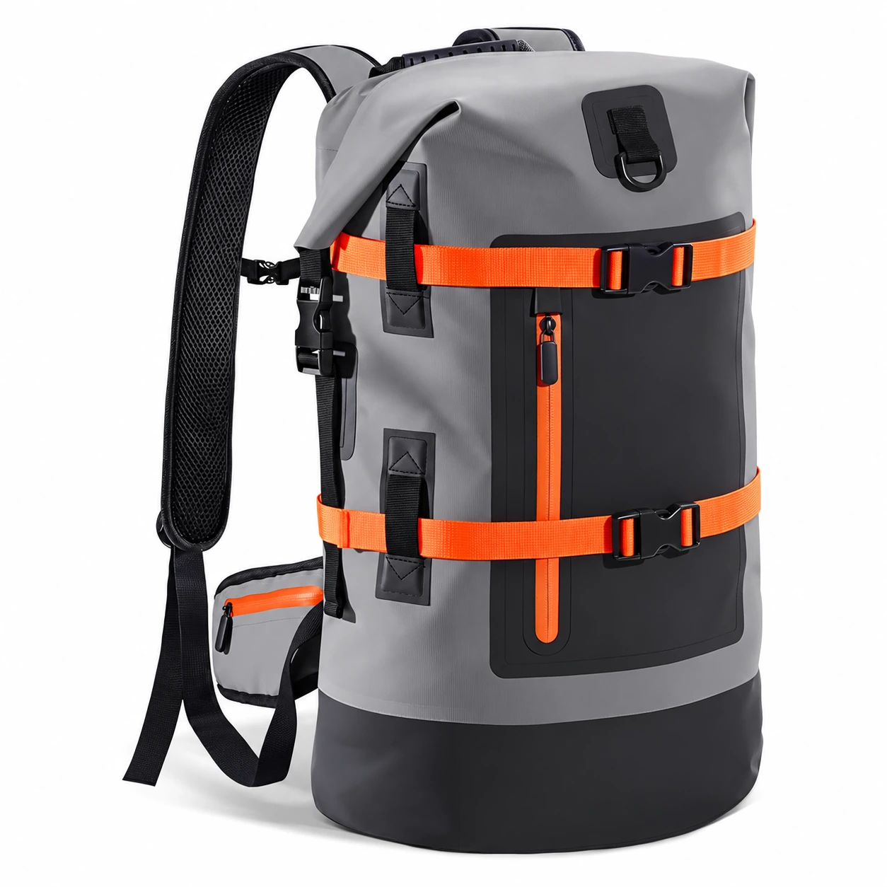 Grey roll-top motorcycle backpack with orange compression webbing