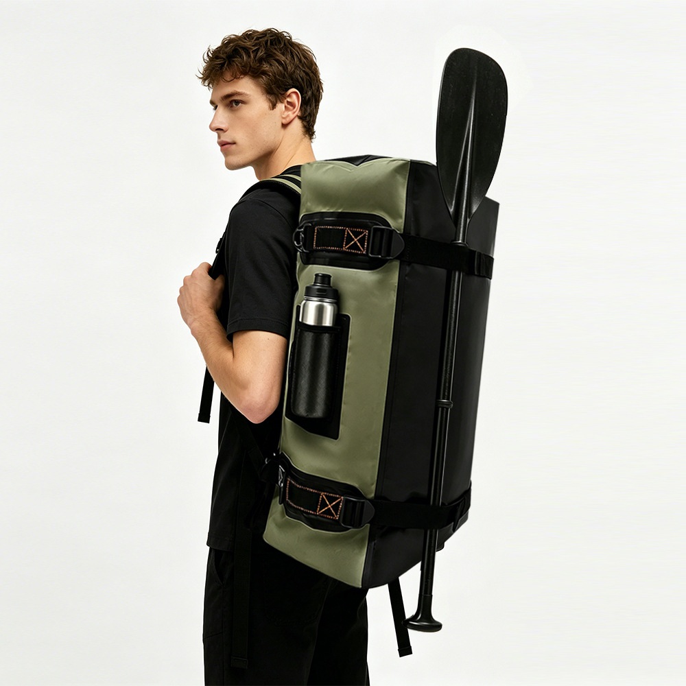 60L / 90L Convertible Waterproof Motorcycle Duffel — construction and carrying detail