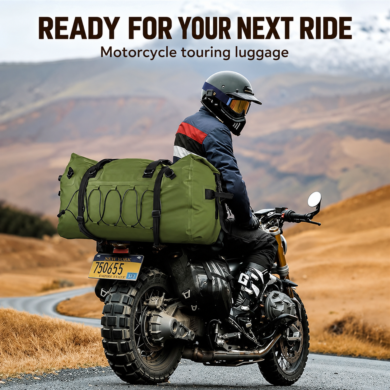 Motorcycle touring: A rear-luggage use scene for reviewing packed shape and a project-specific mounting setup.