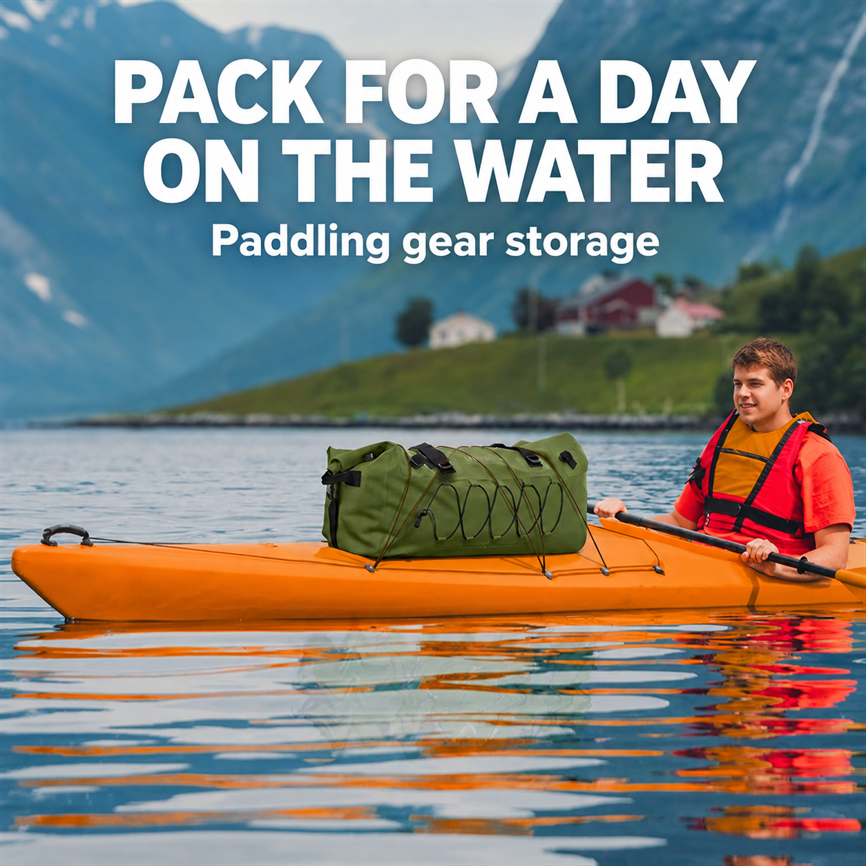 Paddling gear organisation: A kayak-deck use scene with the duffel secured as part of the illustrated setup.