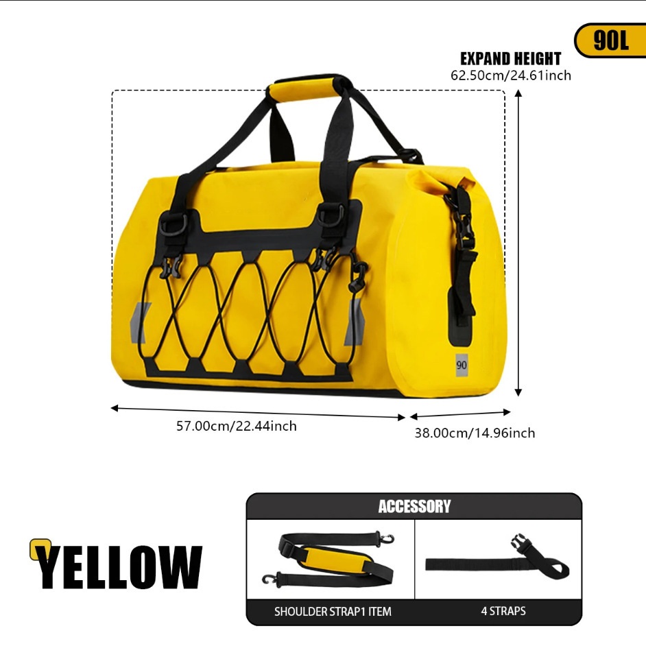 90L Bungee-Front Waterproof Motorcycle Tail Bag — construction and carrying detail