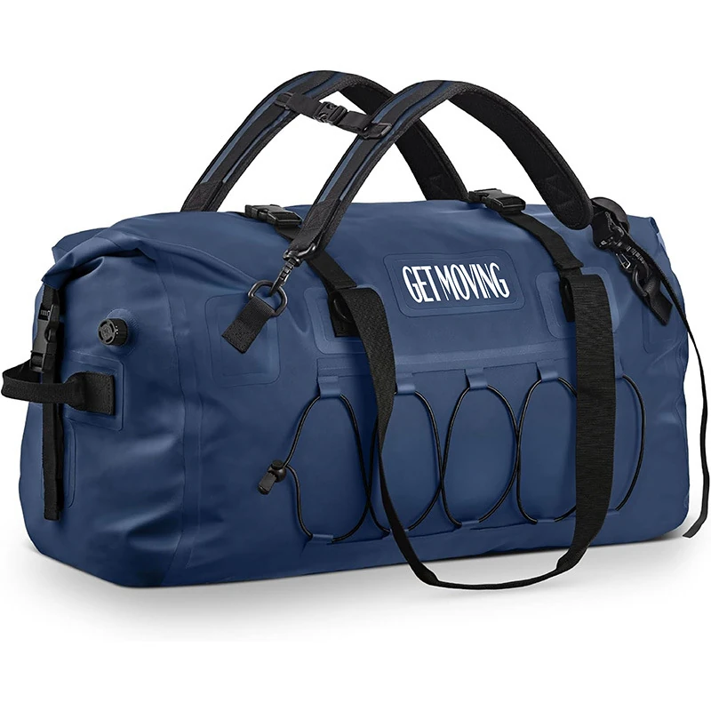 Blue GETMOVING motorcycle duffel with front bungee cords