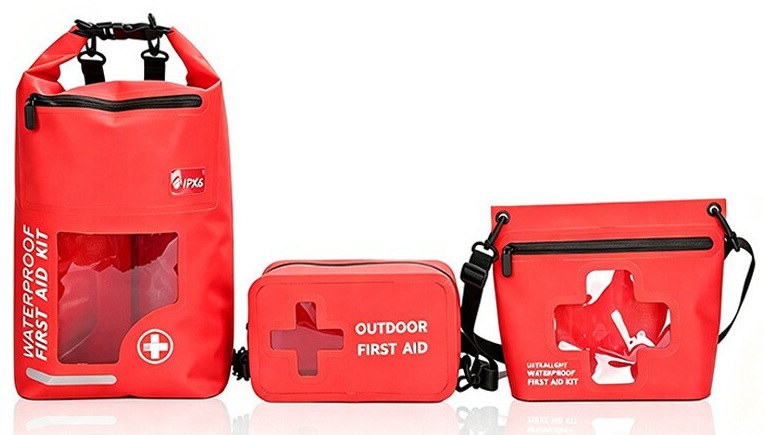 Red outdoor emergency storage family with roll-top pouch and compact zip bag