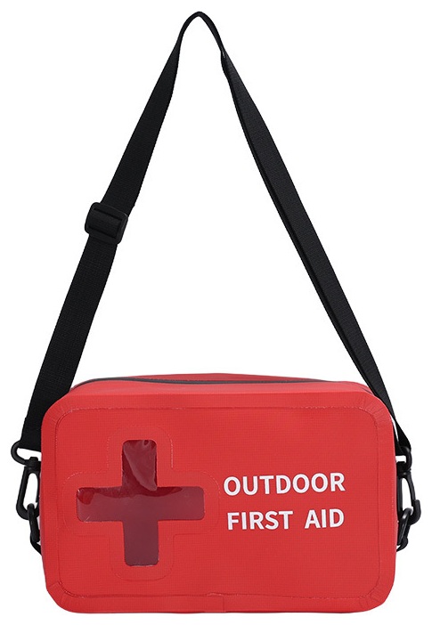 Compact red emergency bag with shoulder strap
