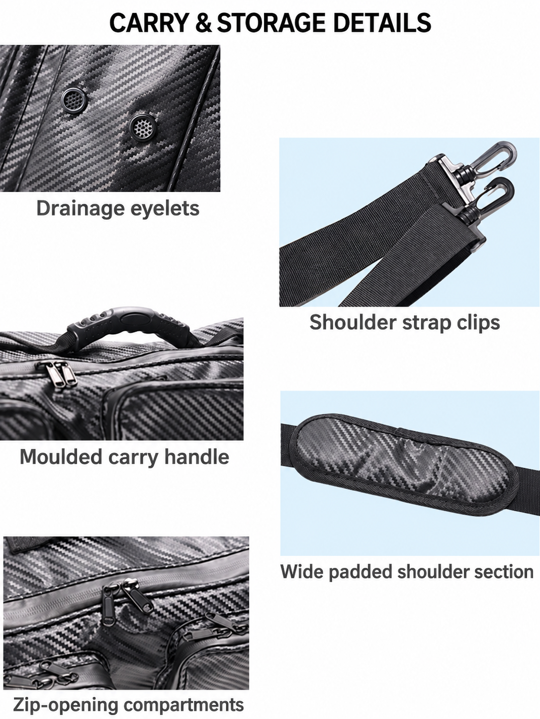 English detail image showing drainage eyelets, handle, clips and shoulder padding