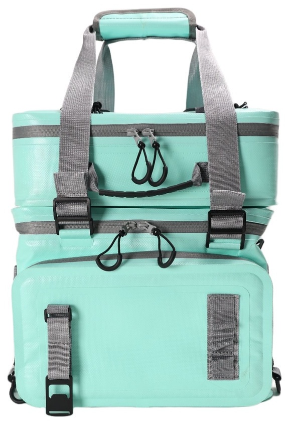 Teal modular paddle board cooler with detachable upper and lower sections
