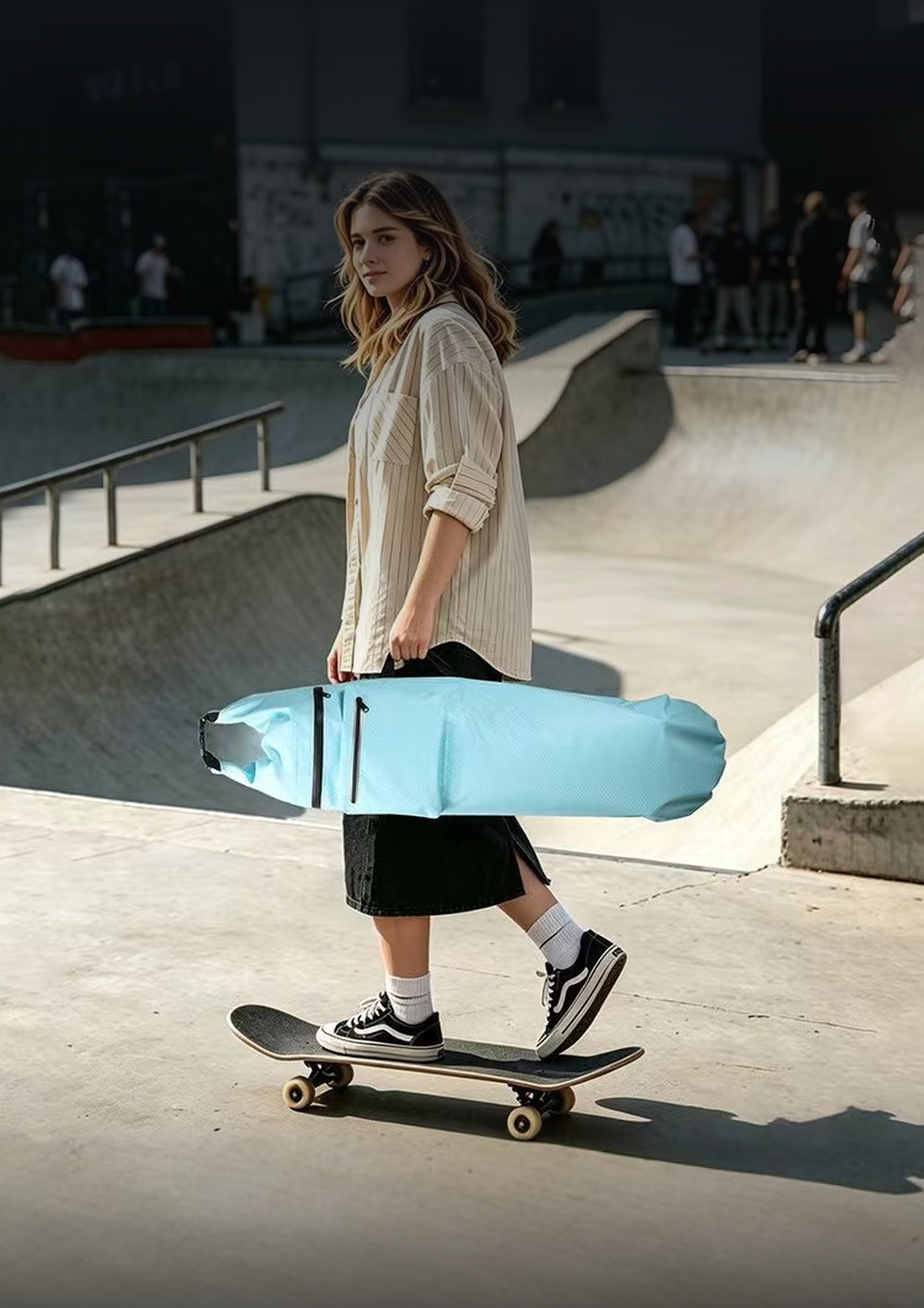 Skateboard bag shown in a hand-carry lifestyle reference
