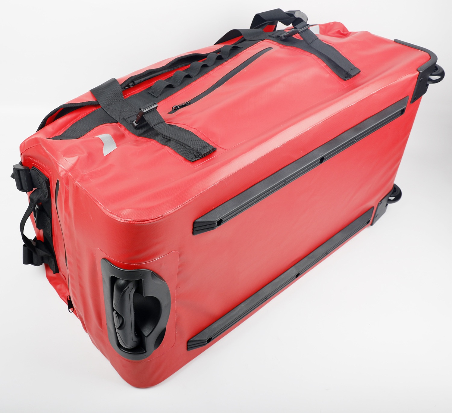 Top and side view of red wheeled duffel and exterior pockets