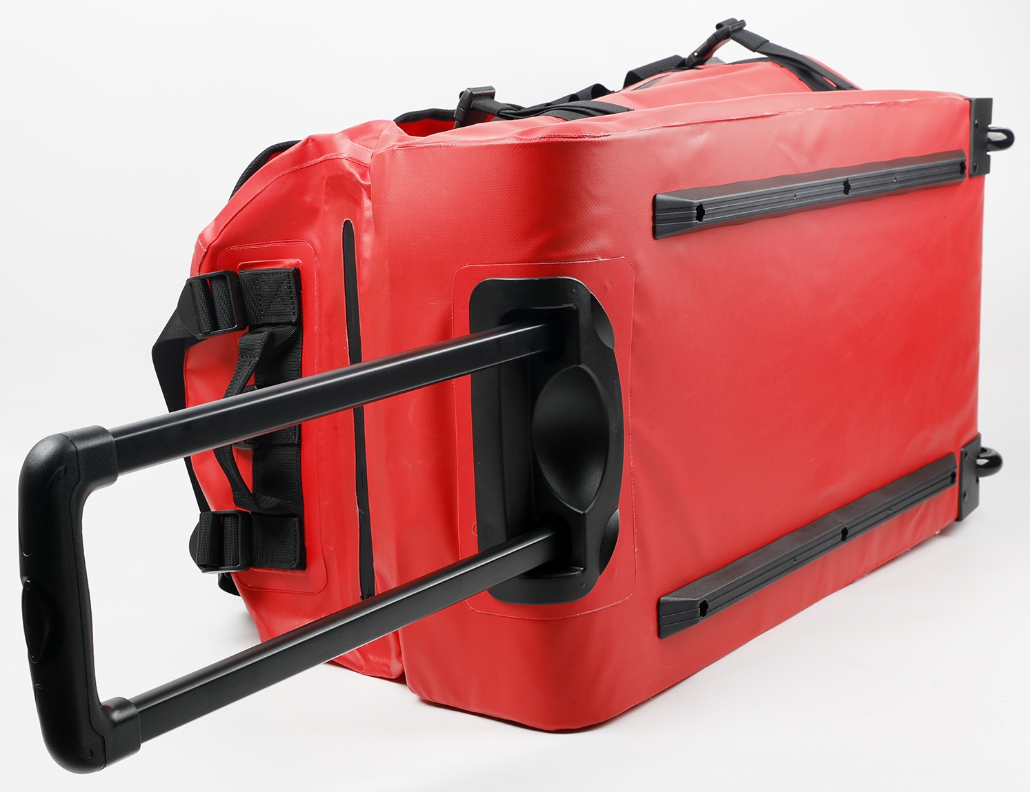 Extended trolley handle and underside view of 90L bag