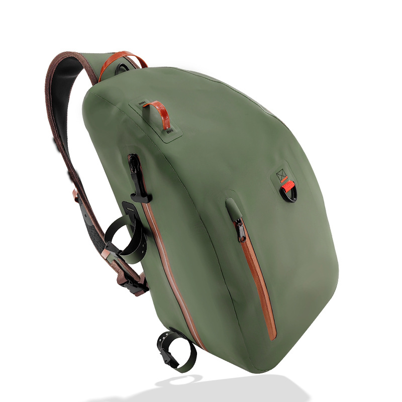 Angled view of olive fishing crossbody bag