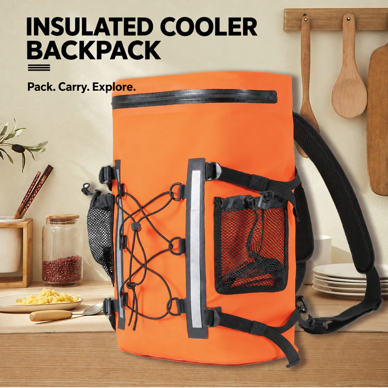 Orange KB02 insulated cooler backpack with English lifestyle caption
